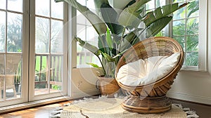 Sunlit Conservatory with Wicker Papasan Chair and Lush Indoor Plants Biophilic Design photo