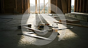 Sunlit Construction Site: Tools on a Dusty, Unfinished Floor