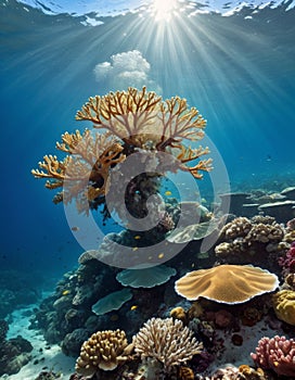 Sunlit Coral Reef Under Clear Blue Sea