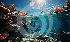 Sunlit Coral Reef Underwater