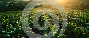 Sunlit Cornfields with an Intricate Irrigation Symphony. Concept Agricultural Photography, Natural