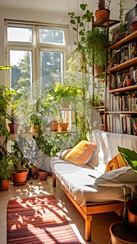 Sunlit Cozy Reading Nook With Lush Indoor Plants