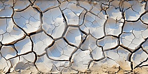 Sunlit cracks on parched earth creating a mosaic. AI generation