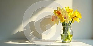 Sunlit daffodil bunch in simple vase dramatic shadow flowers shadow