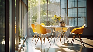 Sunlit dining area with table, chairs, and window. There are four yellow chairs placed around table, creating an