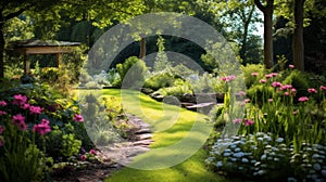 Sunlit Eco-Friendly Garden and Lush Meadows. A serene eco lawn garden bathed in sunlight, with a stone pathway leading