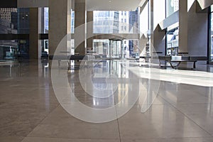 Sunlit empty office lobby