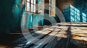 Sunlit empty room with turquoise peeling wall and wooden floor.