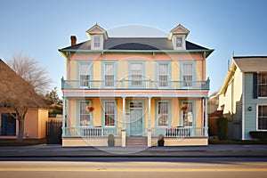 sunlit facade of a colonial revival with shutters