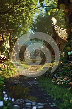 Sunlit fantasy village path, medieval architecture, enchanting forest, whimsical, storybook setting, nature