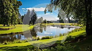 Sunlit farm pond exuding tranquility