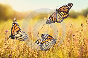 Sunlit field with butterflies in morning