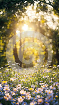 Sunlit Field of Daisies Through Trees