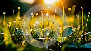 Sunlit field of fresh green grass with dew drops close-up. Generative AI