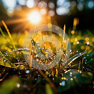 Sunlit field of fresh green grass with dew drops close-up. Generative AI