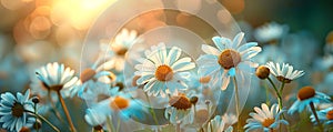 Sunlit Field with Vibrant Daisies and Bokeh Background. Concept Summer Portraits, Nature Photography, Wildflower Field