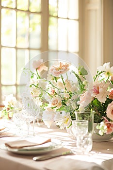 Sunlit floral arrangement on a set table, perfect for event decor., AI Generated