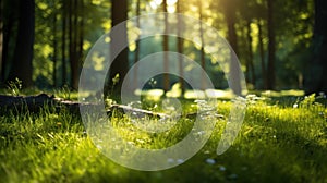 Sunlit forest clearing with lush green grass and trees.