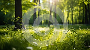 Sunlit forest clearing with lush green grass and trees.