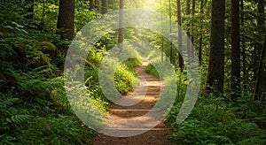 A sunlit forest path meanders through lush greenery, surrounded by tall trees and photo