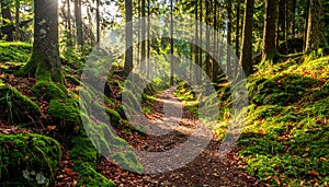 Sunlit Forest Path Through Moss Covered Rocks and Autumn Leaves sunlight