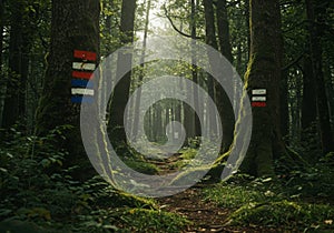 Sunlit Forest Path with Mossy Trees and Trail Markers