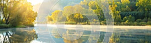 Sunlit Forest Reflected in Calm River
