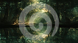 Sunlit forest reflected in water