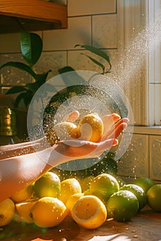 Sunlit Fresh Citrus Fruits on Kitchen Counter with Water Droplets Suspended in Air Over Hand photo