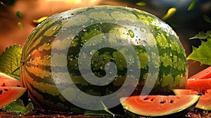 Sunlit Fresh Watermelon Resting On Green Leaves, Juicy Red Flesh Slice. Summer Refreshment, Harvest