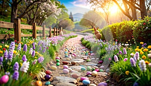 Sunlit garden path lined with colorful Easter eggs and spring fl