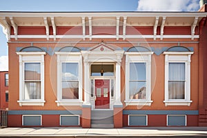 sunlit georgian facade with ornate dentil molding and red brick