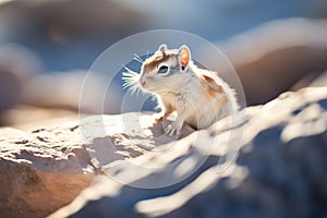 sunlit gerbil on a rock, with long shadow beneath