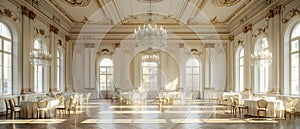 Sunlit Grandeur: Minimalist Opulence in a Majestic Dining Hall. Concept Luxurious Decor, Elegant