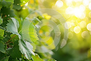 Sunlit grape leaves in vibrant green vineyard