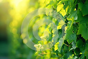 Sunlit green grape leaves on a vine in early summer