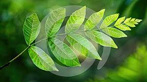 Sunlit green leaves with visible veins. Macro nature shot with bokeh background