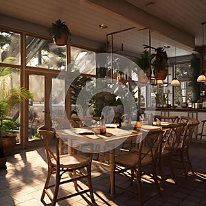 Sunlit Greenhouse Cafe Greenhouse Potted plants Hanging plants Soft shadows