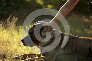 sunlit hand stroking the back of a lyingdown mastiff