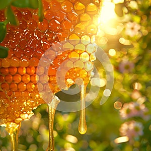 Sunlit honeycomb with dripping golden honey. Vibrant bokeh lush greenery backdrop. Concept of natural sweetener, organic