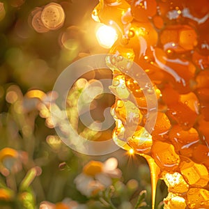 Sunlit honeycomb with dripping golden honey. Vivid bokeh lush greenery background. Concept of natural sweetener, organic