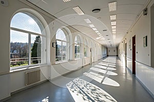 Sunlit hospital corridor with arched windows