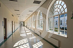 Sunlit hospital corridor with arched windows