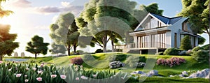 Sunlit House with Surrounding Trees and Flower Garden