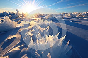 sunlit ice crystals on arctic snow surface