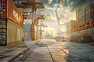 Sunlit industrial port with shipping containers