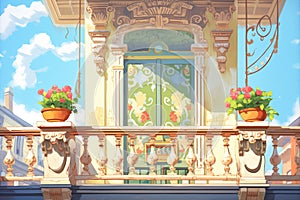 sunlit italianate balcony with ornate corbels underneath, magazine style illustration