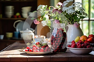 Sunlit kitchen with berries and flowers on a wooden table, offering a feeling of warm, inviting country living