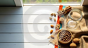 Sunlit Kitchen Display of Nuts and Spices on Wooden Table