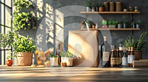 Sunlit kitchen with fresh herbs and bottles
